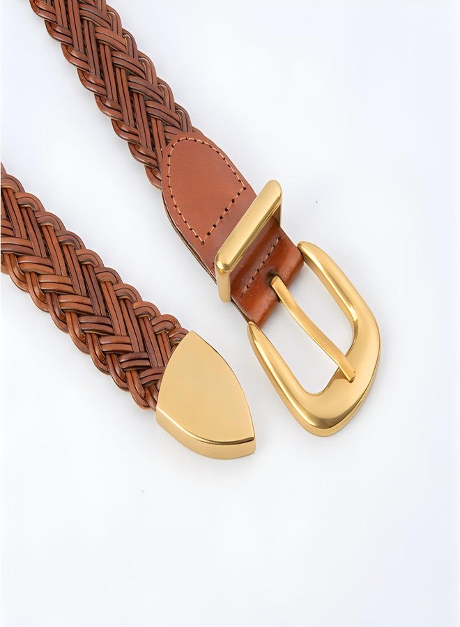 ANNULOYA Women's Braid Leather Belt,Skinny Woven Waist Belt with Gold Buckle,Dress and Jeans Belt (Brown, Length:110cm(Suit 19.5-37inch)) - Image 5